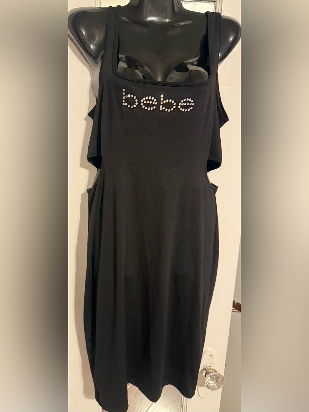 Bebe Rhinestone Logo Square Neck Cutout Side Midi Tank Dress Black L